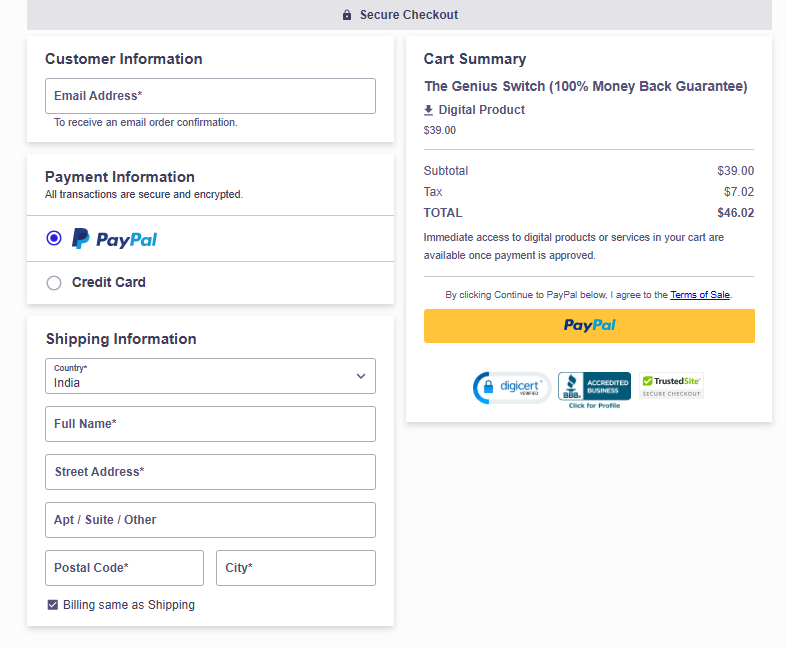 The Genius Switch secure checkout page