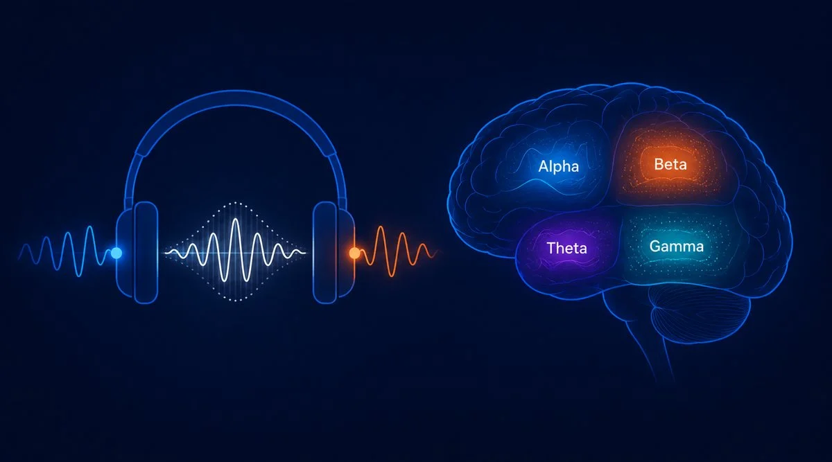 Brainwave audio science — headphones, sound waves, and Alpha, Beta, Theta, Gamma brain regions